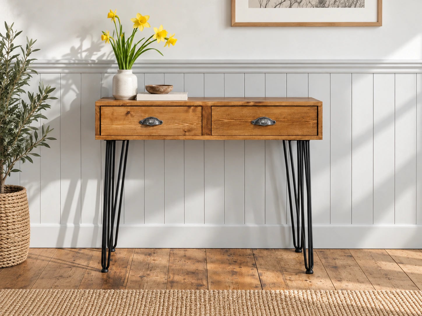 The Cothi Console with daffodils in a hallway