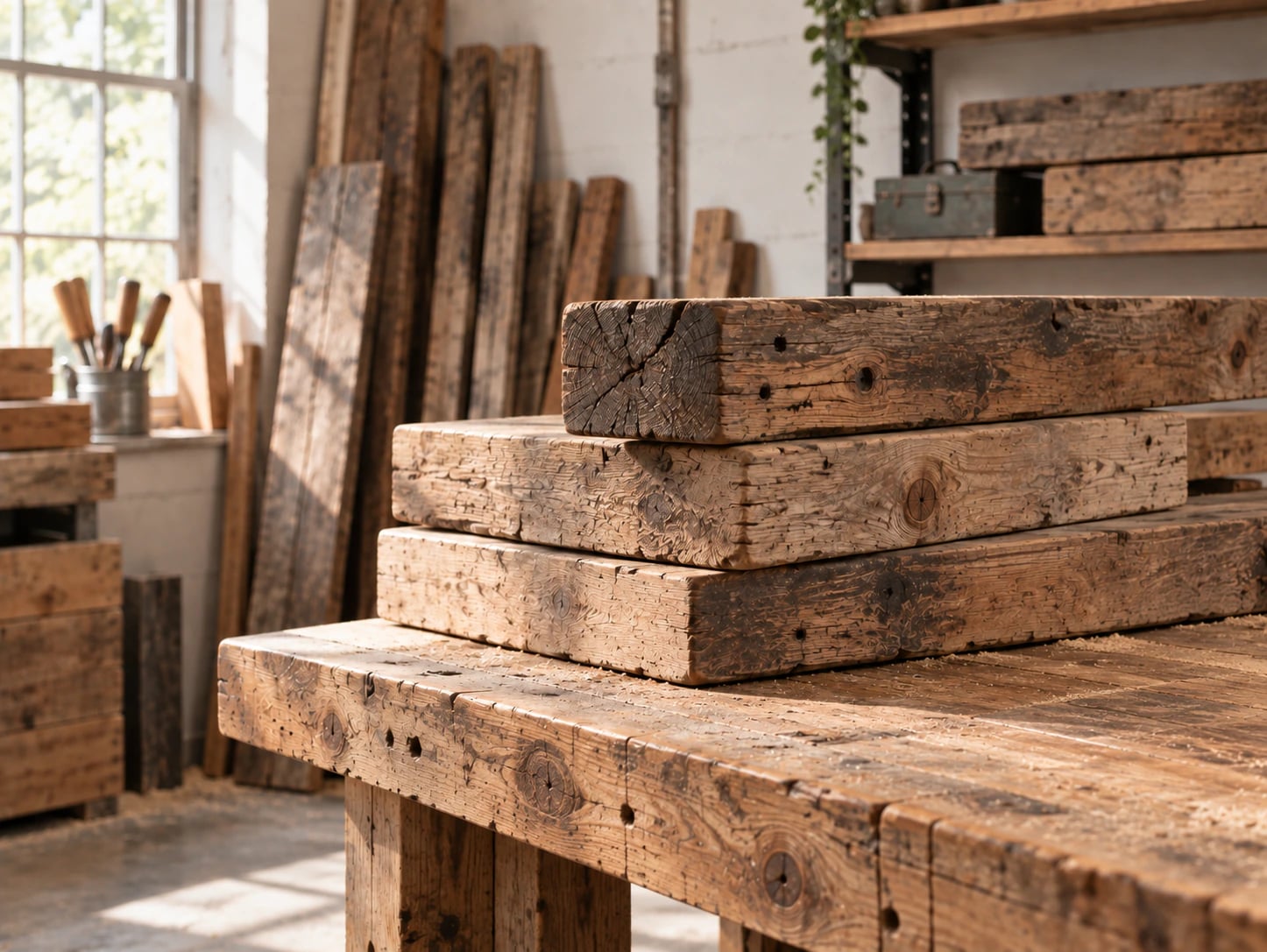 Weathered reclaimed planks stacked on a workbench in a sunlit workshop