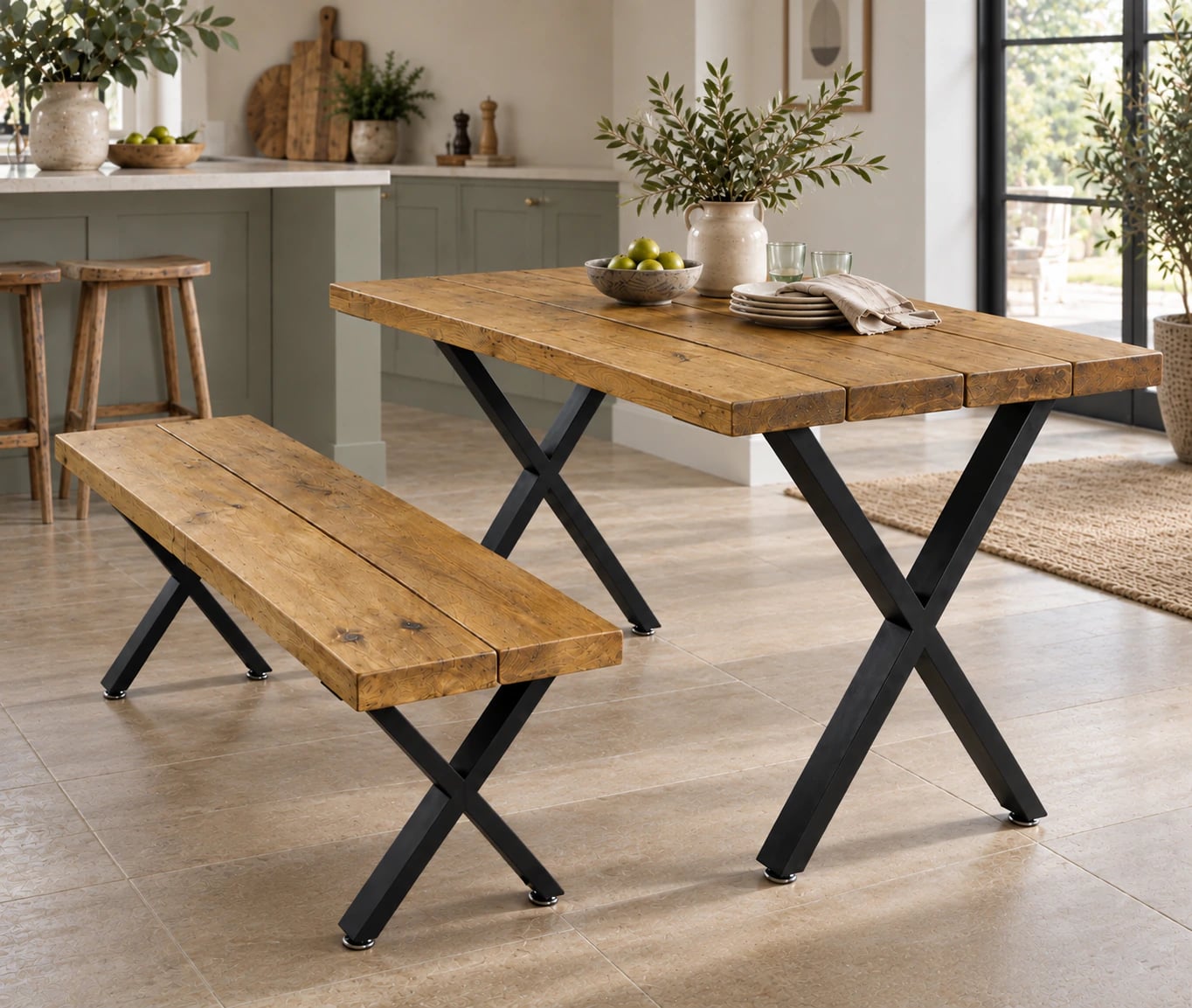 Reclaimed timber table and benches in a kitchen