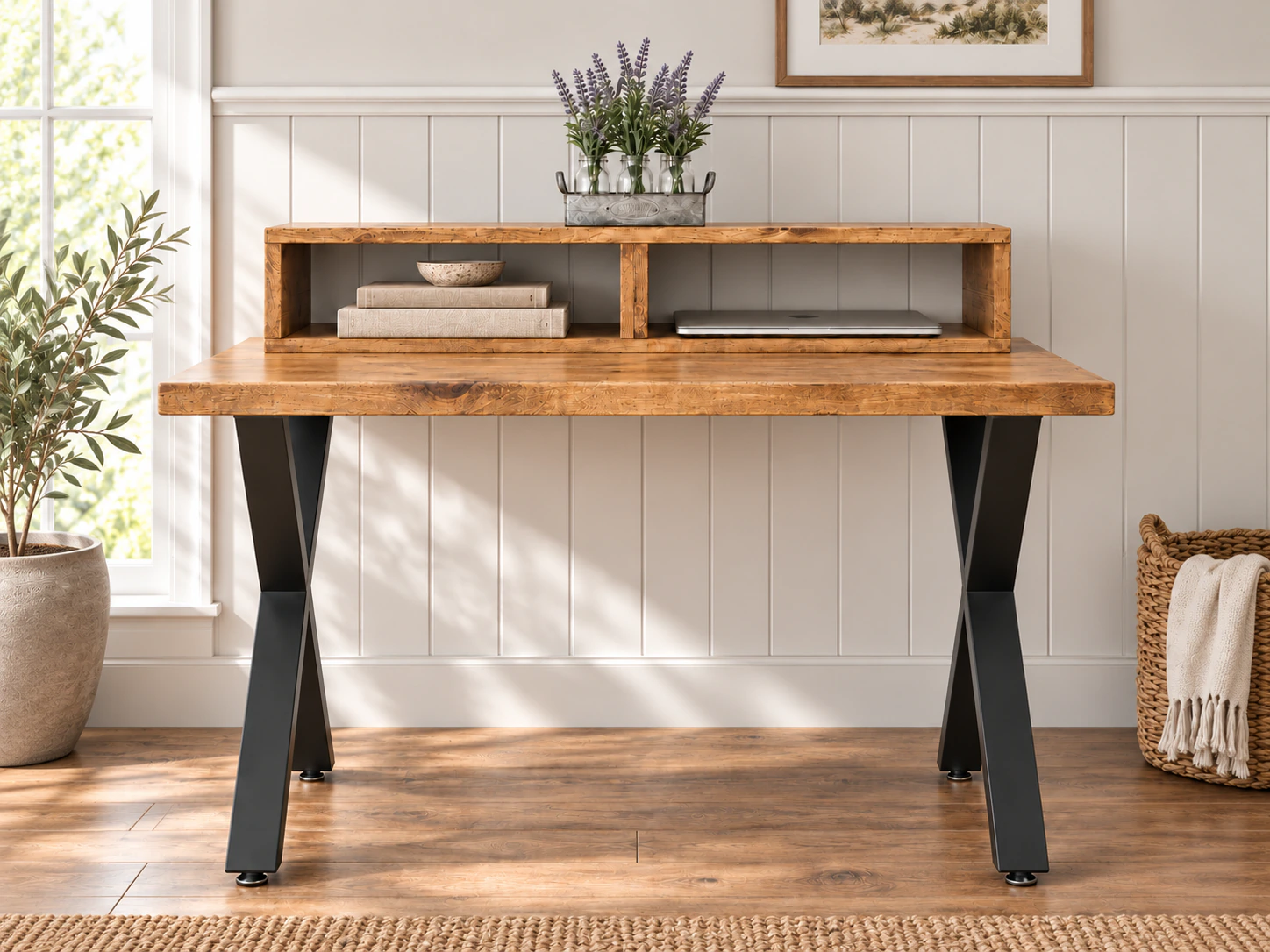 Den Desk against panelling, with lavender and a laptop