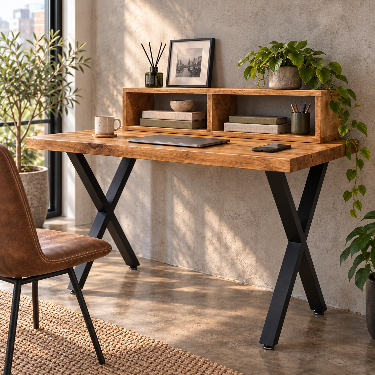 Den Desk on X-frame legs by a sunny window, its cubby holding books and a plant