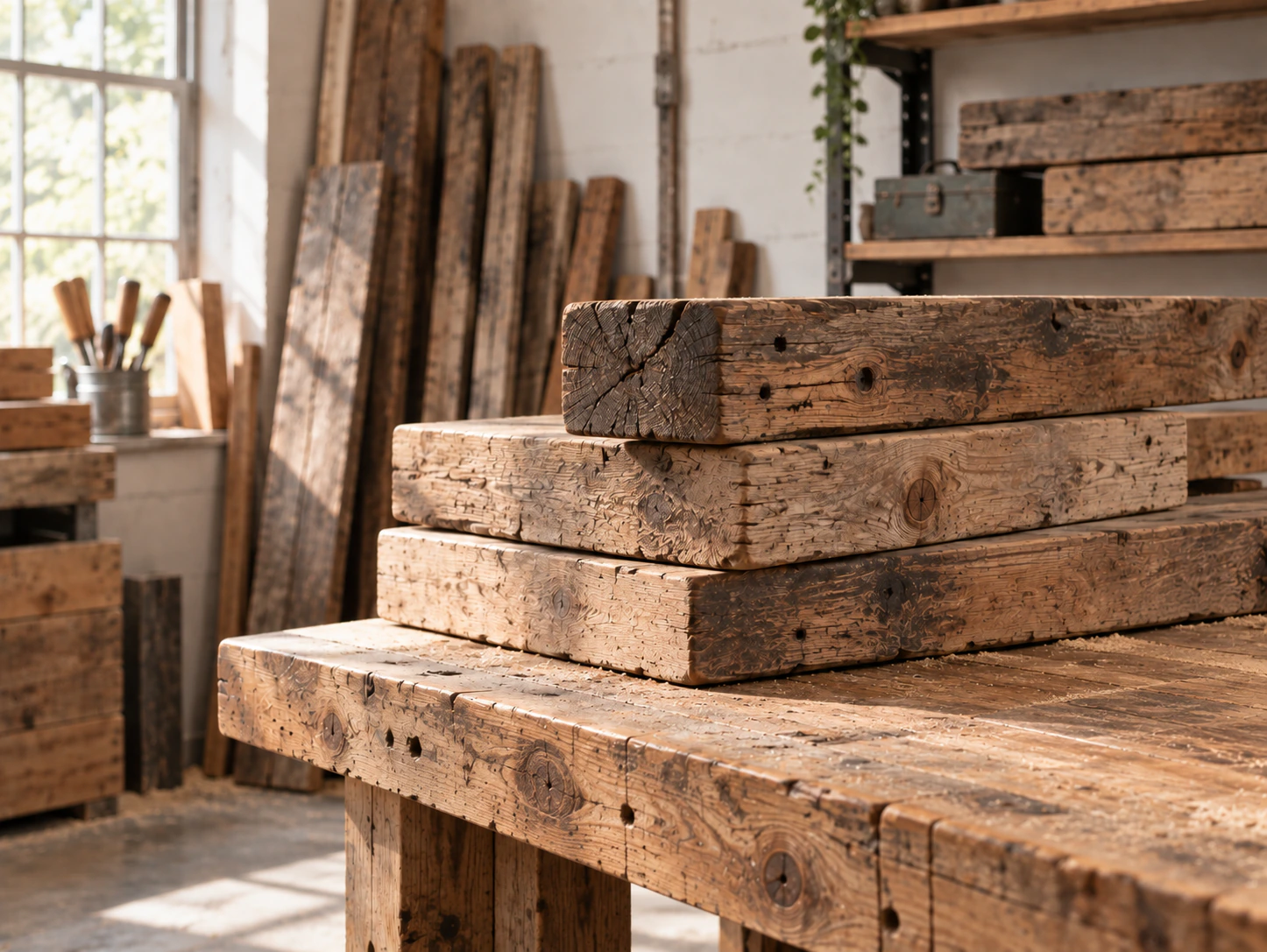 Weathered reclaimed planks stacked on a workbench in a sunlit workshop